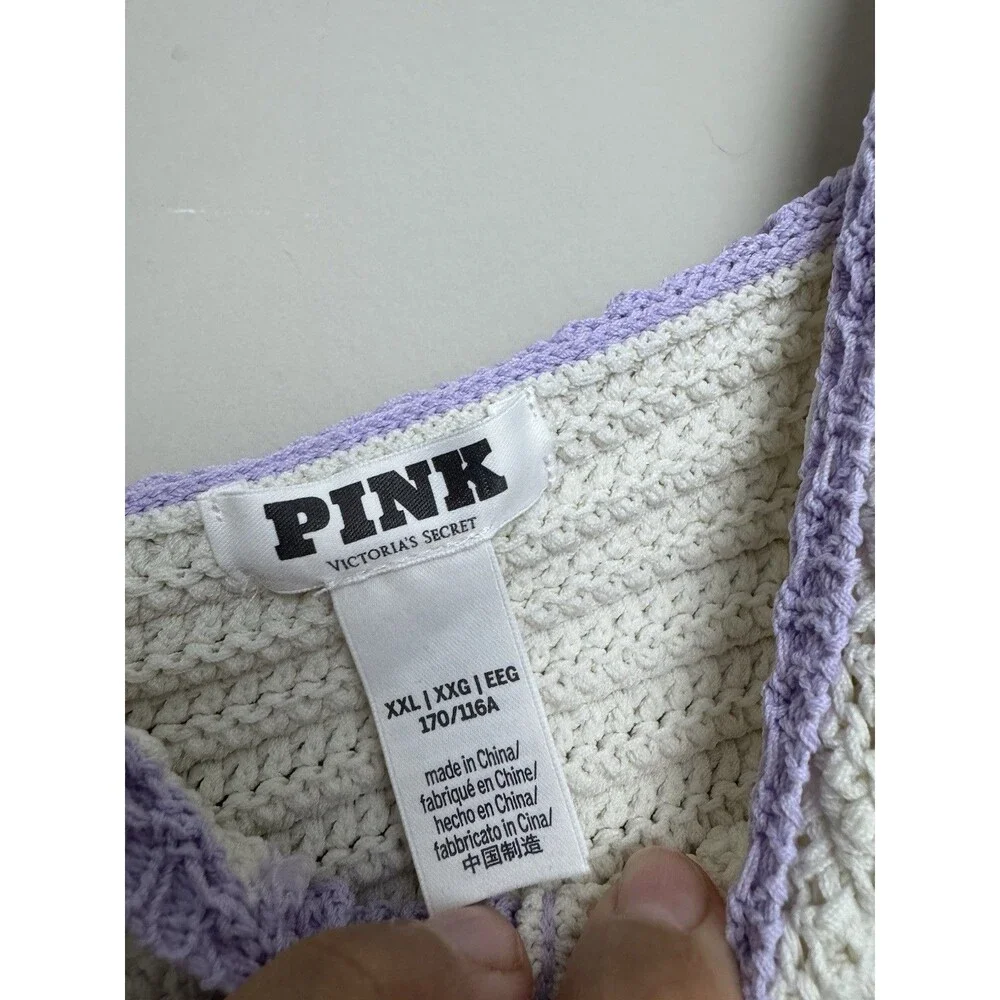 Victoria's Secret PINK Crochet Short Set Size 2XL Cream Purple Knit - Picture 6 of 10